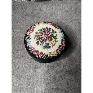Embroidered Petit Point Floral Top Satin Lined Trinket Box Mirror Round 3.5 inch